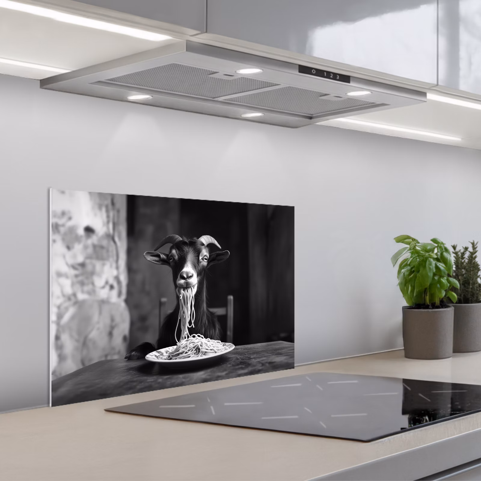 Kitchen splashback for hob - Goat - Plate - Spaghetti - Black and White — 1