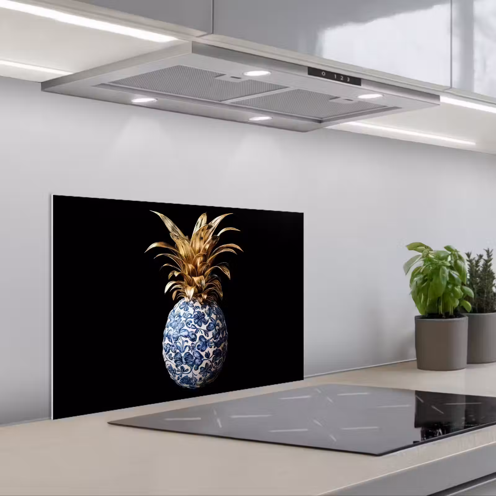 Kitchen splashback for hob - Pineapple - Flower pattern - Gold - Delftware — 1