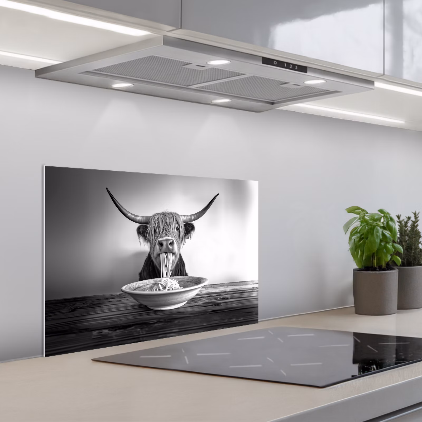 Kitchen splashback for hob - Scottish Highlander - Spaghetti - Animals - Black and white — 1