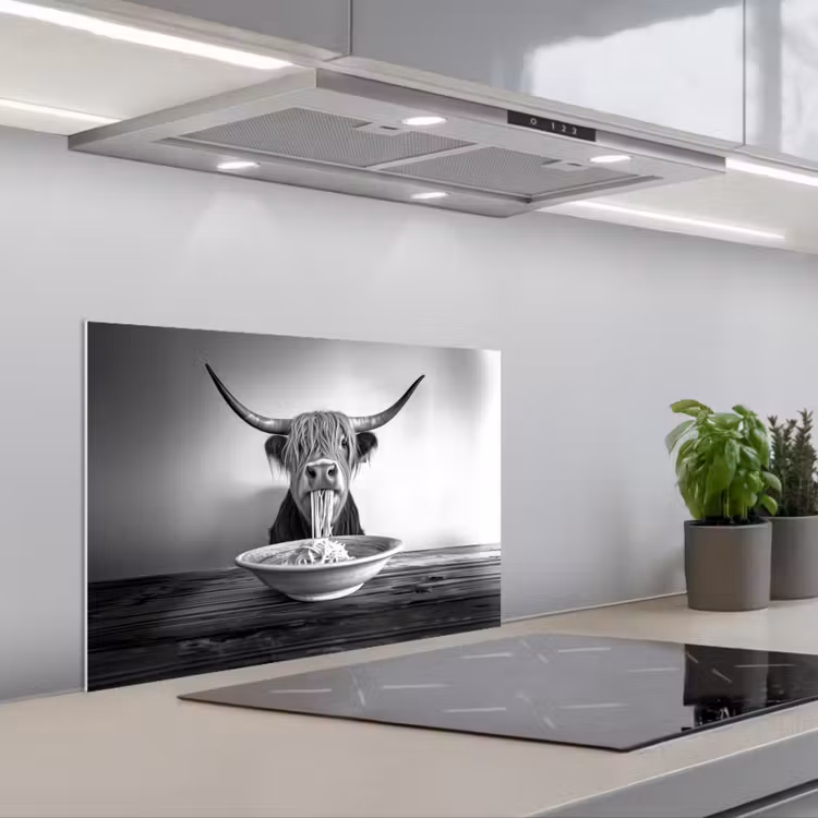 Kitchen splashback for hob - Scottish Highlander - Spaghetti - Animals - Black and white — 1