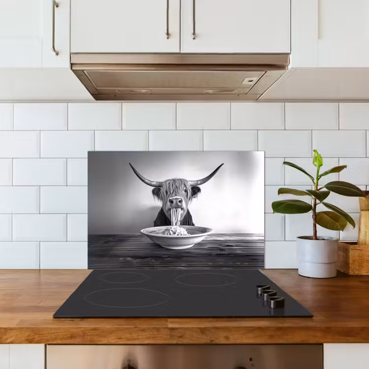 Kitchen splashback for hob - Scottish Highlander - Spaghetti - Animals - Black and white — 3