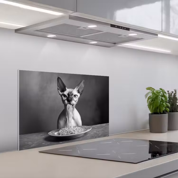 Kitchen splashback for hob - Sphynx - Cat - Animals - Humor - Spaghetti - Black and White — 1