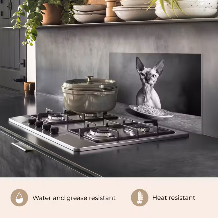 Kitchen splashback for hob - Sphynx - Cat - Animals - Humor - Spaghetti - Black and White — 2