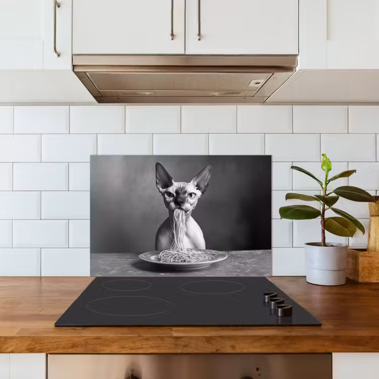 Kitchen splashback for hob - Sphynx - Cat - Animals - Humor - Spaghetti - Black and White — 3