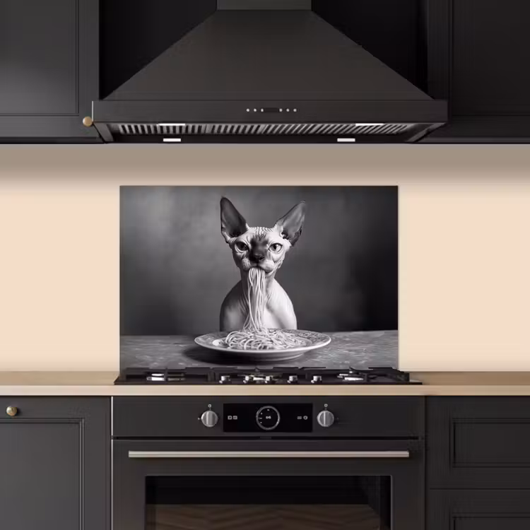 Kitchen splashback for hob - Sphynx - Cat - Animals - Humor - Spaghetti - Black and White — 5