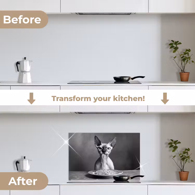 Kitchen splashback for hob - Sphynx - Cat - Animals - Humor - Spaghetti - Black and White — 7