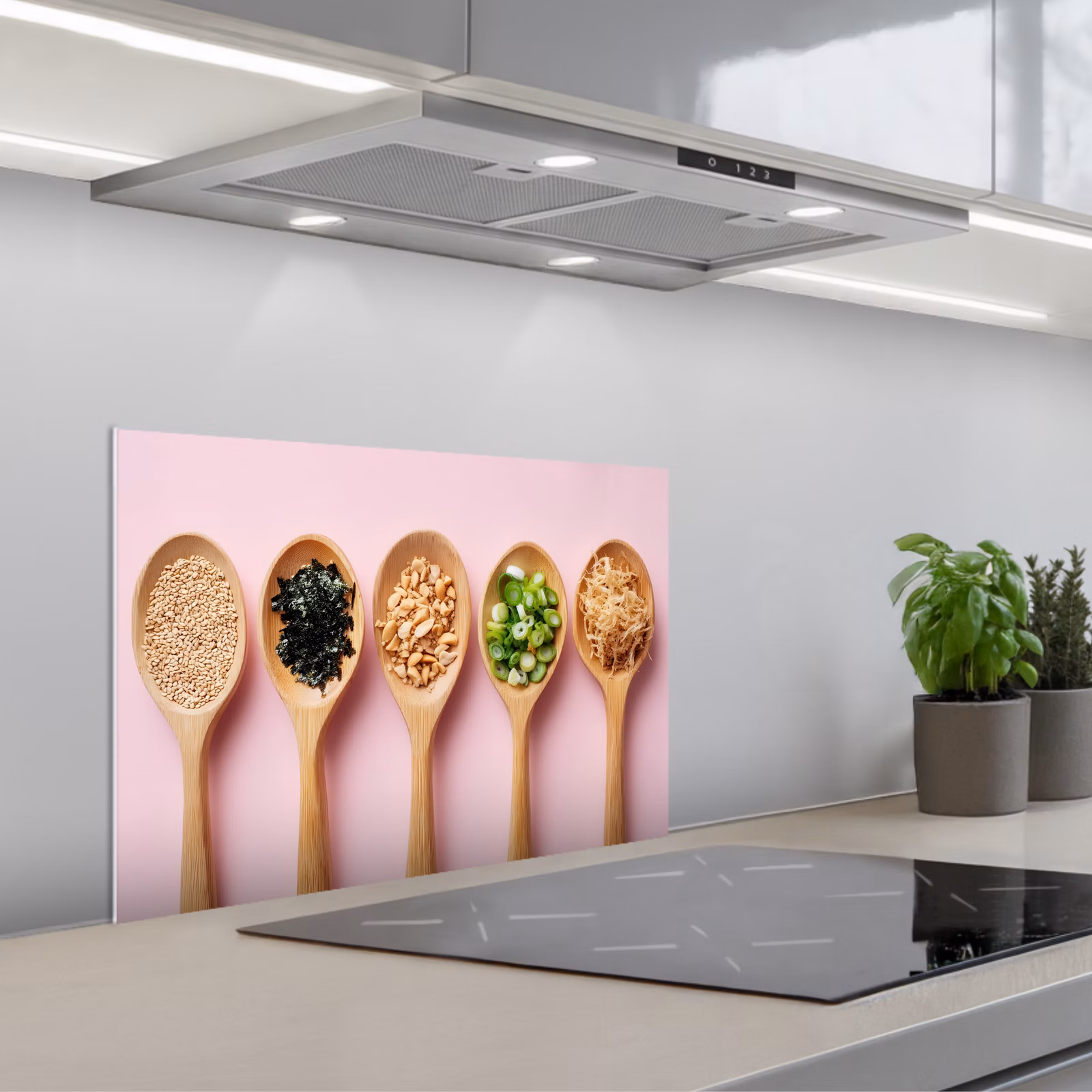 Kitchen splashback for hob - Ingredients - Spoons - Wood - Pink — 1
