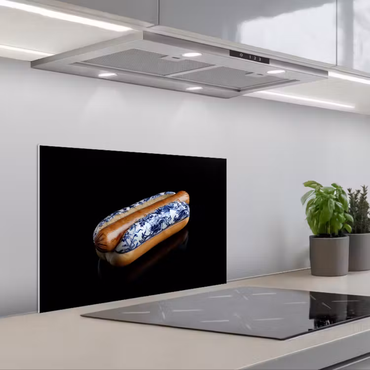 Kitchen splashback for hob - Hot dog - Porcelain - Delft blue - Food — 1