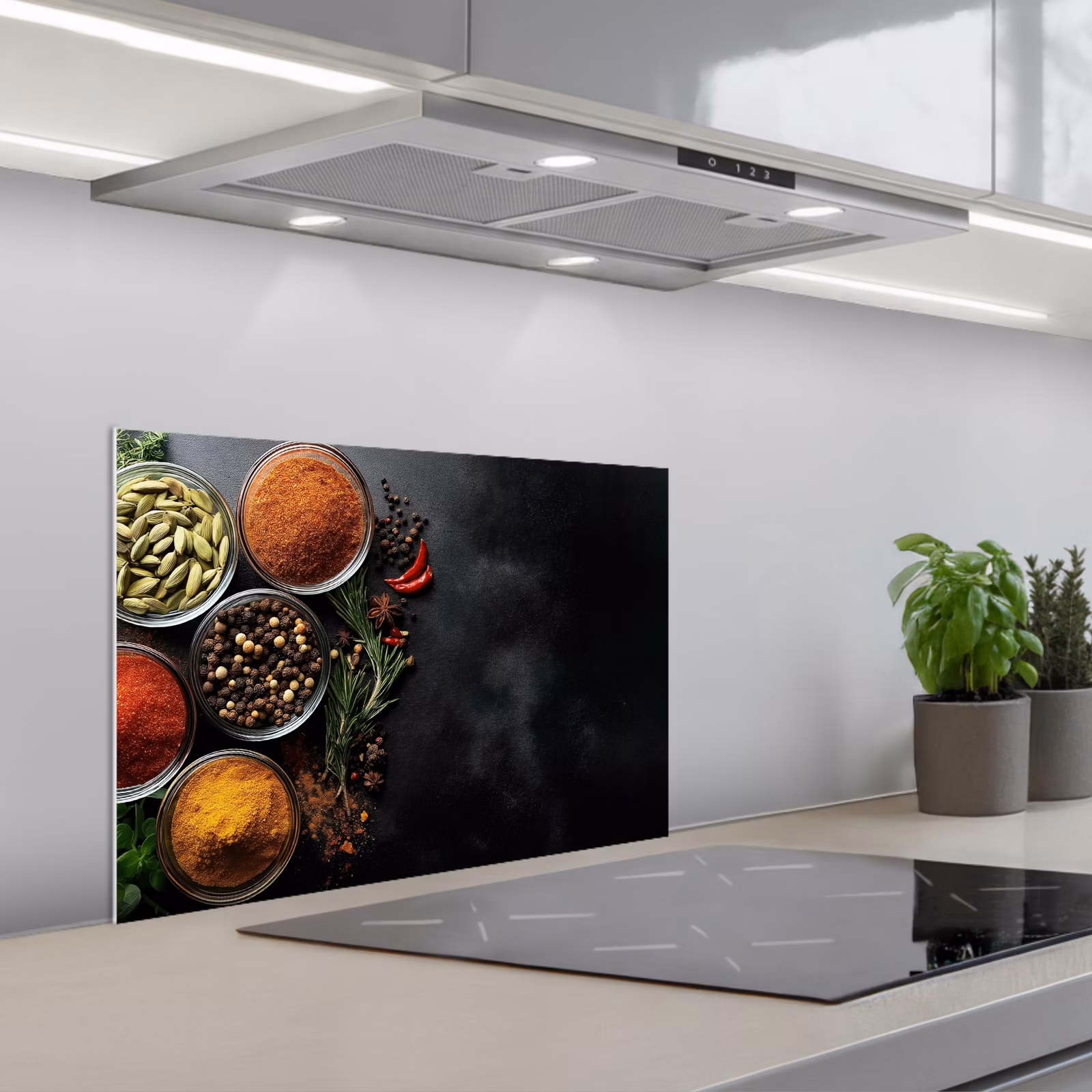 Kitchen splashback for hob - Glasses - trays - leaves - herbs — 1