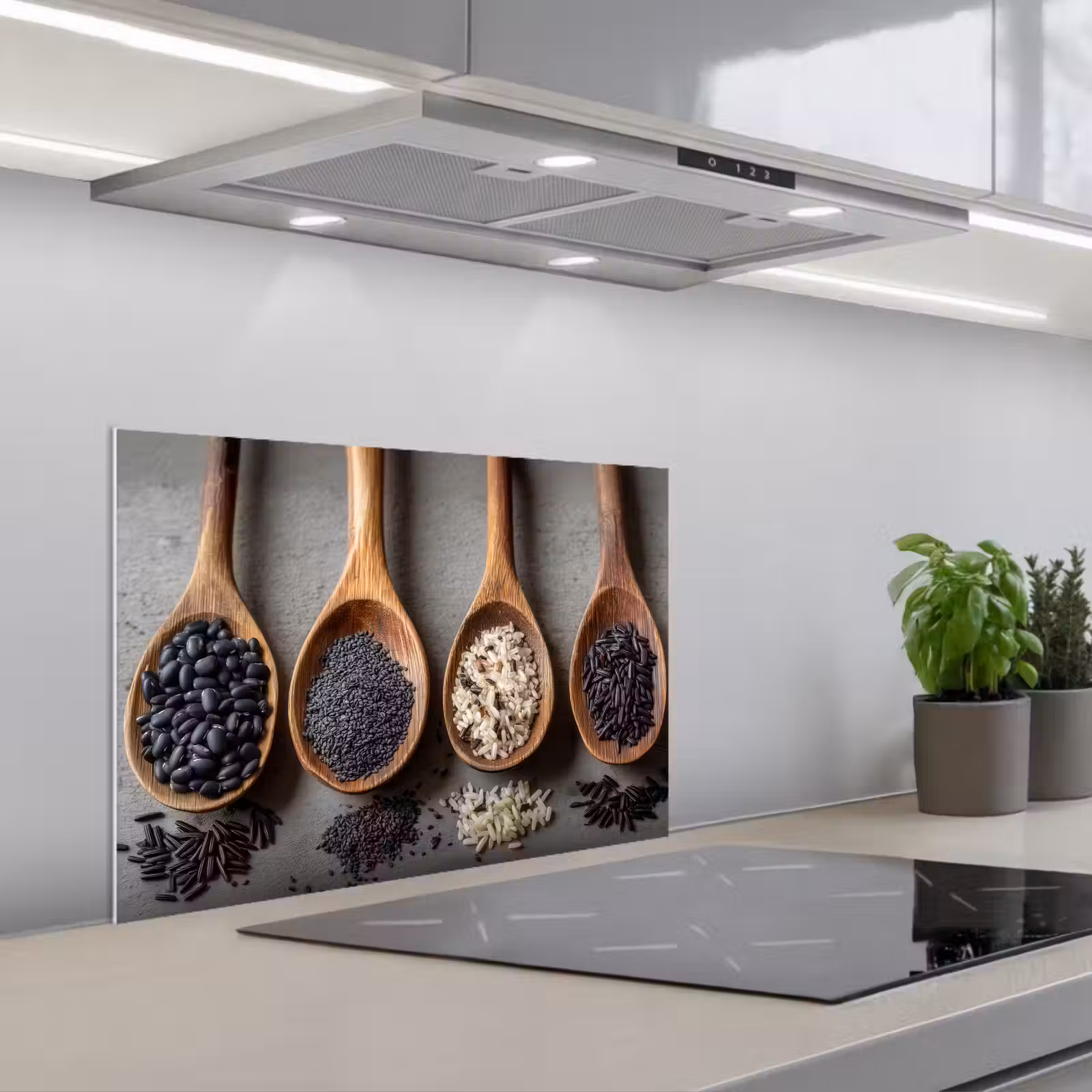Kitchen splashback for hob - Wooden - Spoons - Rice - Seeds — 1