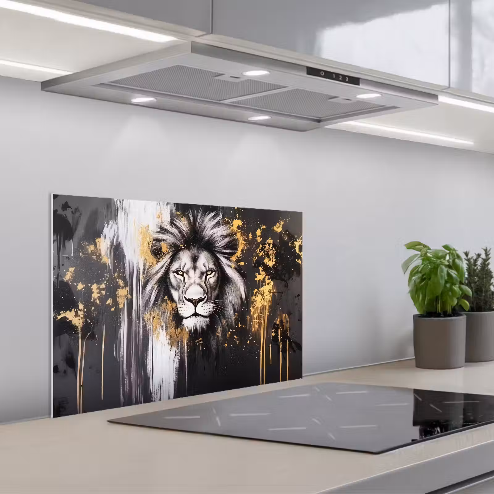 Kitchen splashback for hob - Lion - Portrait - Paint splashes - Gray — 1