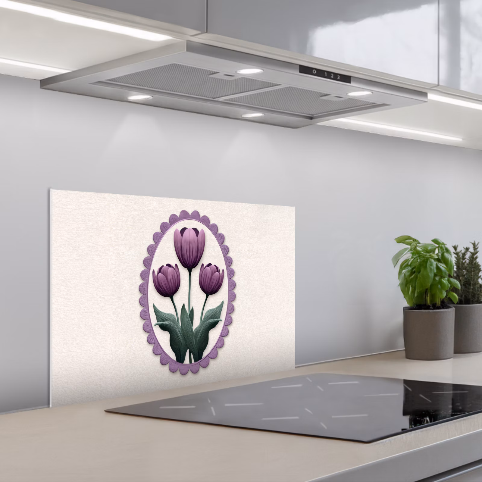 Kitchen splashback for hob - Tulips - Purple - List - Leaves — 1
