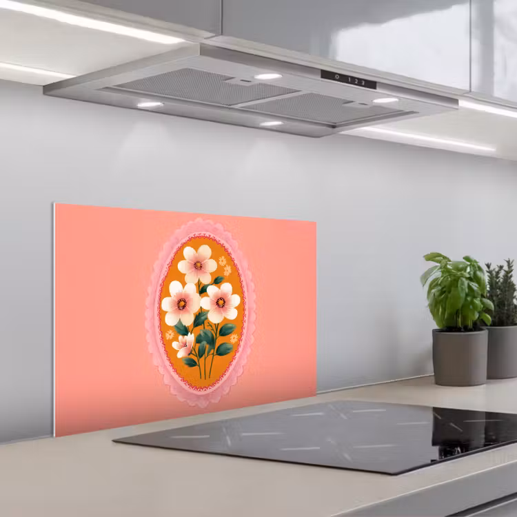 Kitchen splashback for hob - Illustration - Flowers - Border - Pink — 1