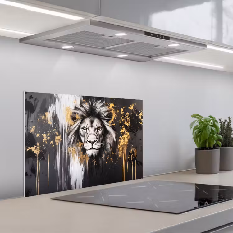 Kitchen splashback for hob - Lion - Portrait - Paint splashes - Gray — 1