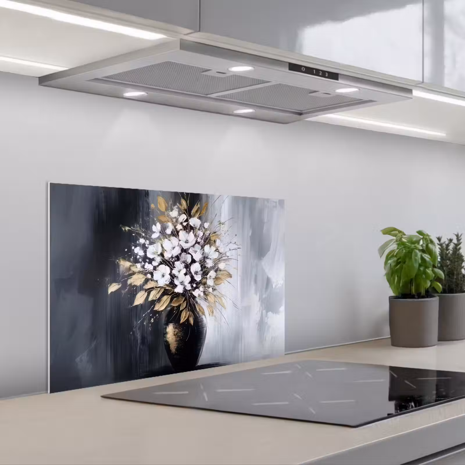 Kitchen splashback for hob - Flowers - White - Vase - Abstract — 1