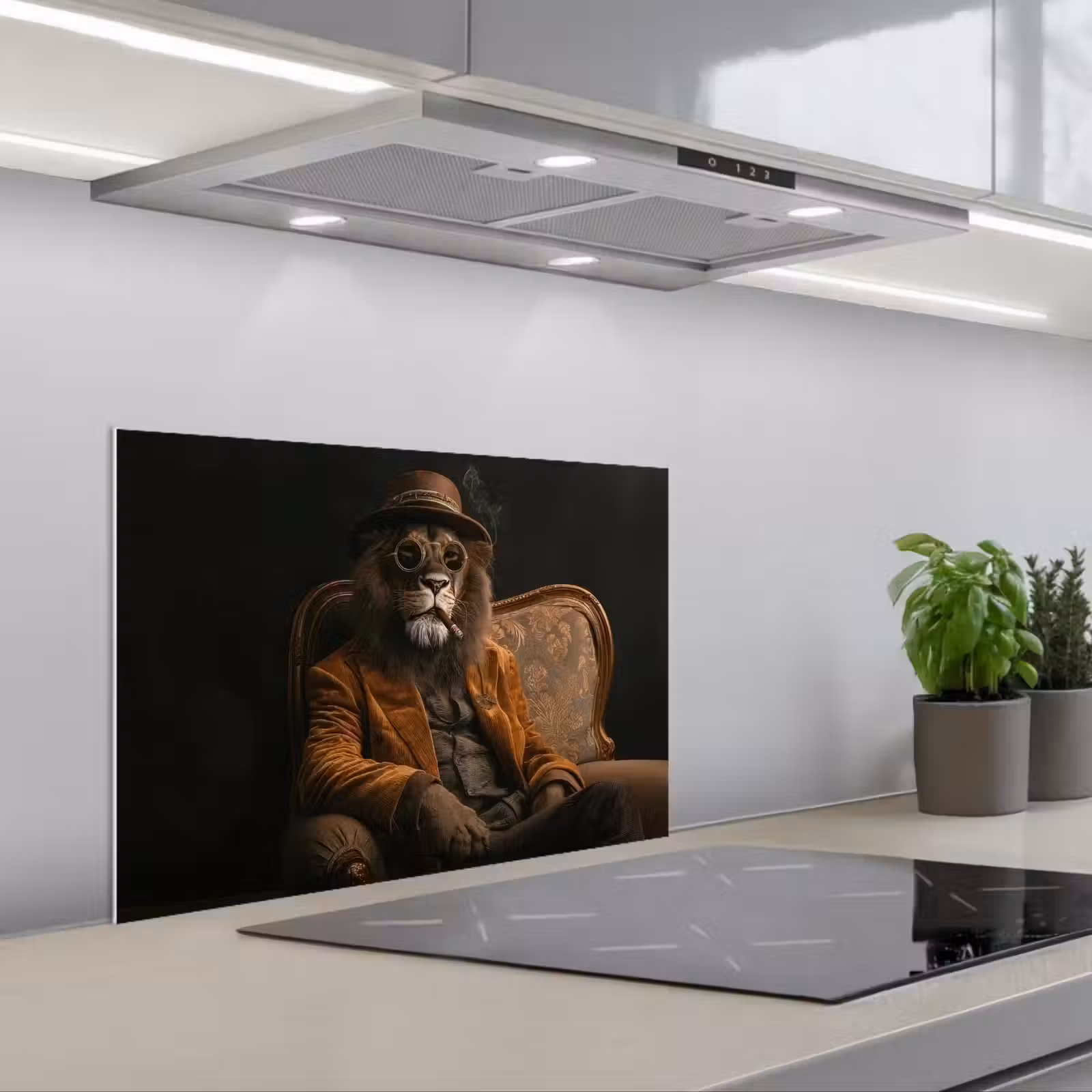 Kitchen splashback for hob - Glasses - Lion - Bench - Hat — 1