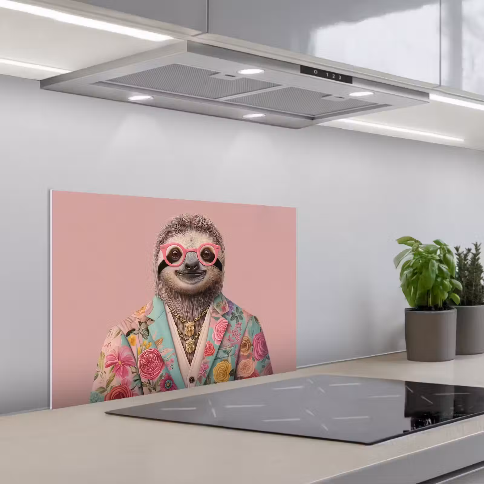 Kitchen splashback for hob - Sloth - Floral print - Glasses - Pink — 1