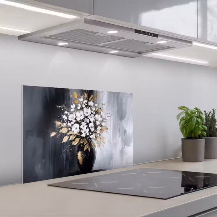Kitchen splashback for hob - Flowers - White - Vase - Abstract — 1
