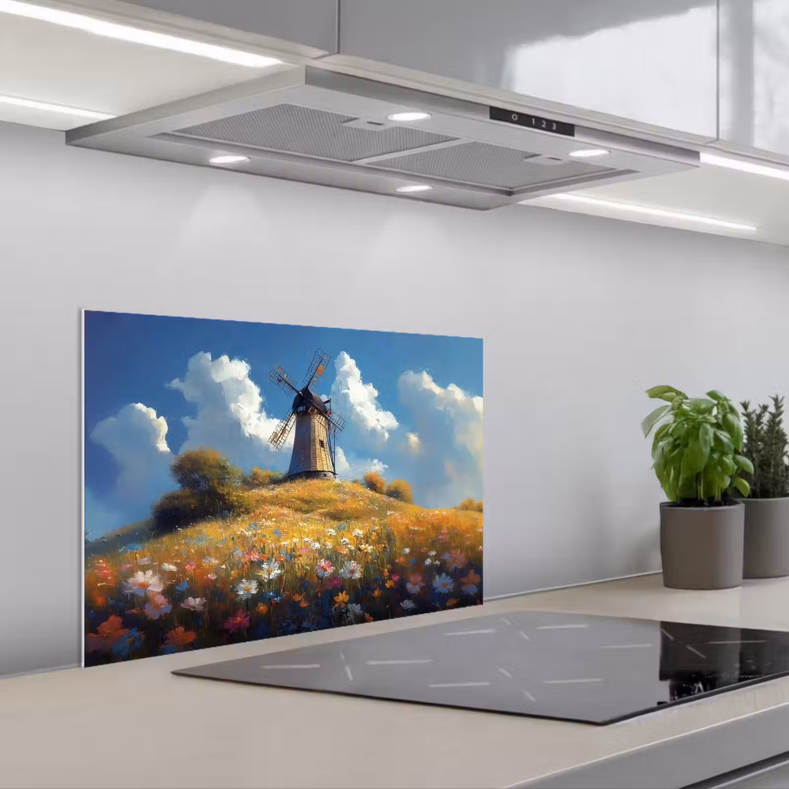 Kitchen splashback for hob - Windmill - Hill - Flowers - Colorful — 1
