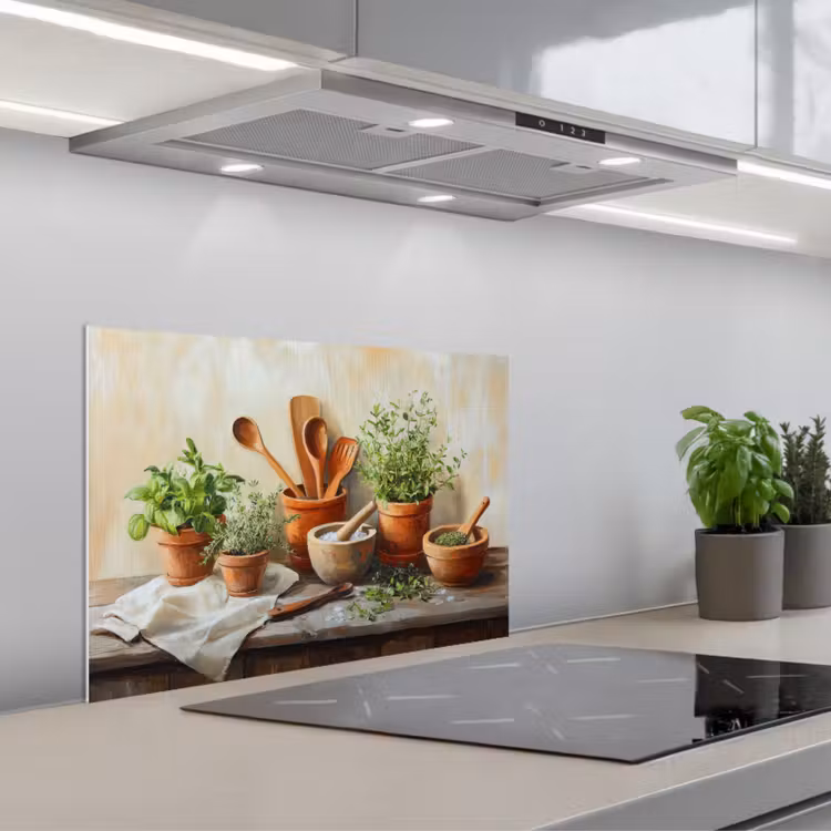 Kitchen splashback for hob - Pots - Herbs - Wood — 1