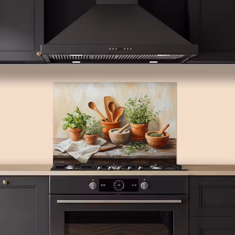 Kitchen splashback for hob - Pots - Herbs - Wood — 5