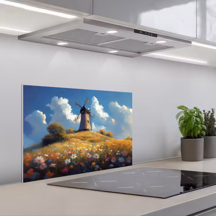 Kitchen splashback for hob - Windmill - Hill - Flowers - Colorful — 1