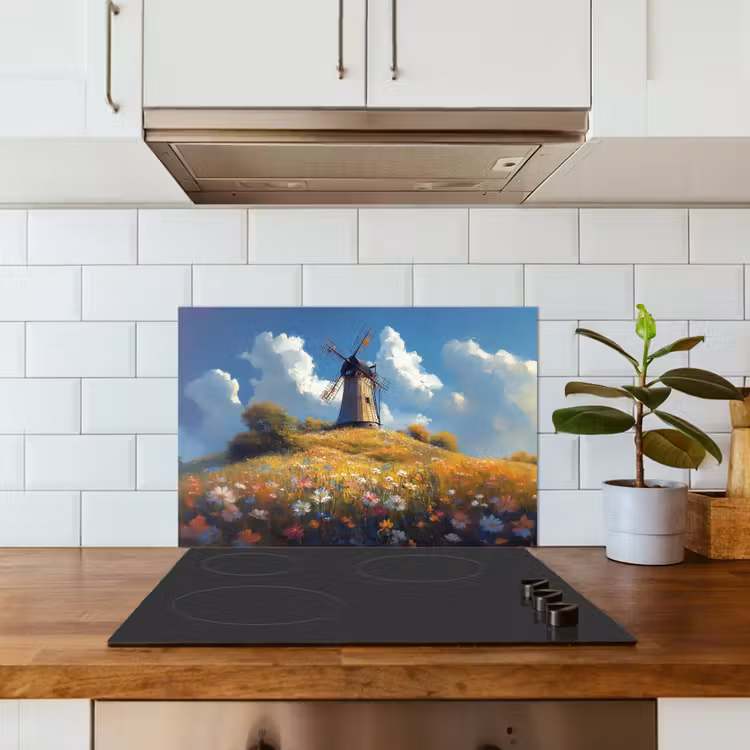 Kitchen splashback for hob - Windmill - Hill - Flowers - Colorful — 3