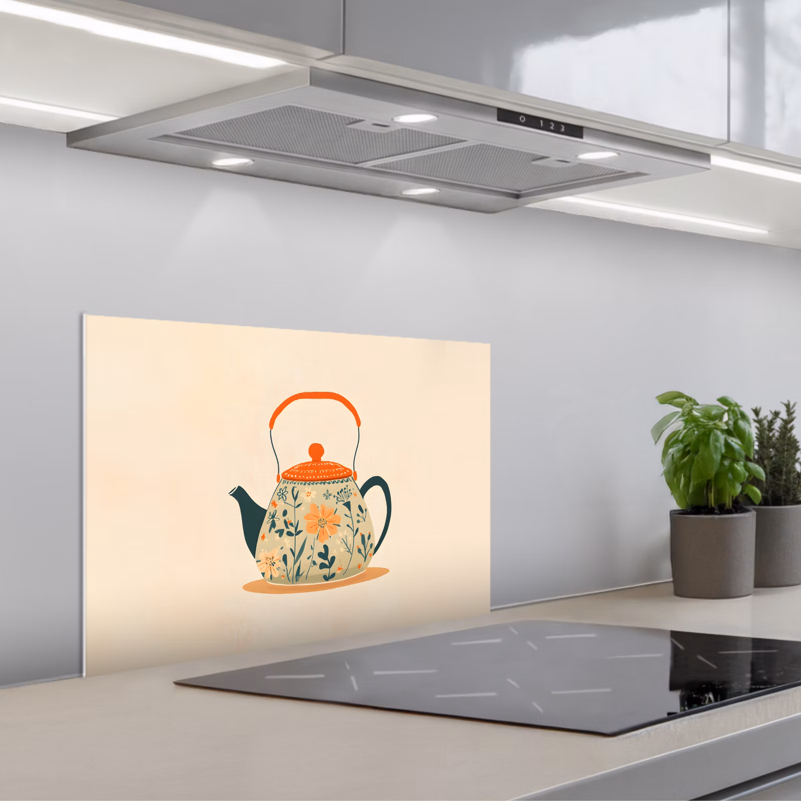 Kitchen splashback for hob - Orange - Teapot - Flowers - Leaves — 1