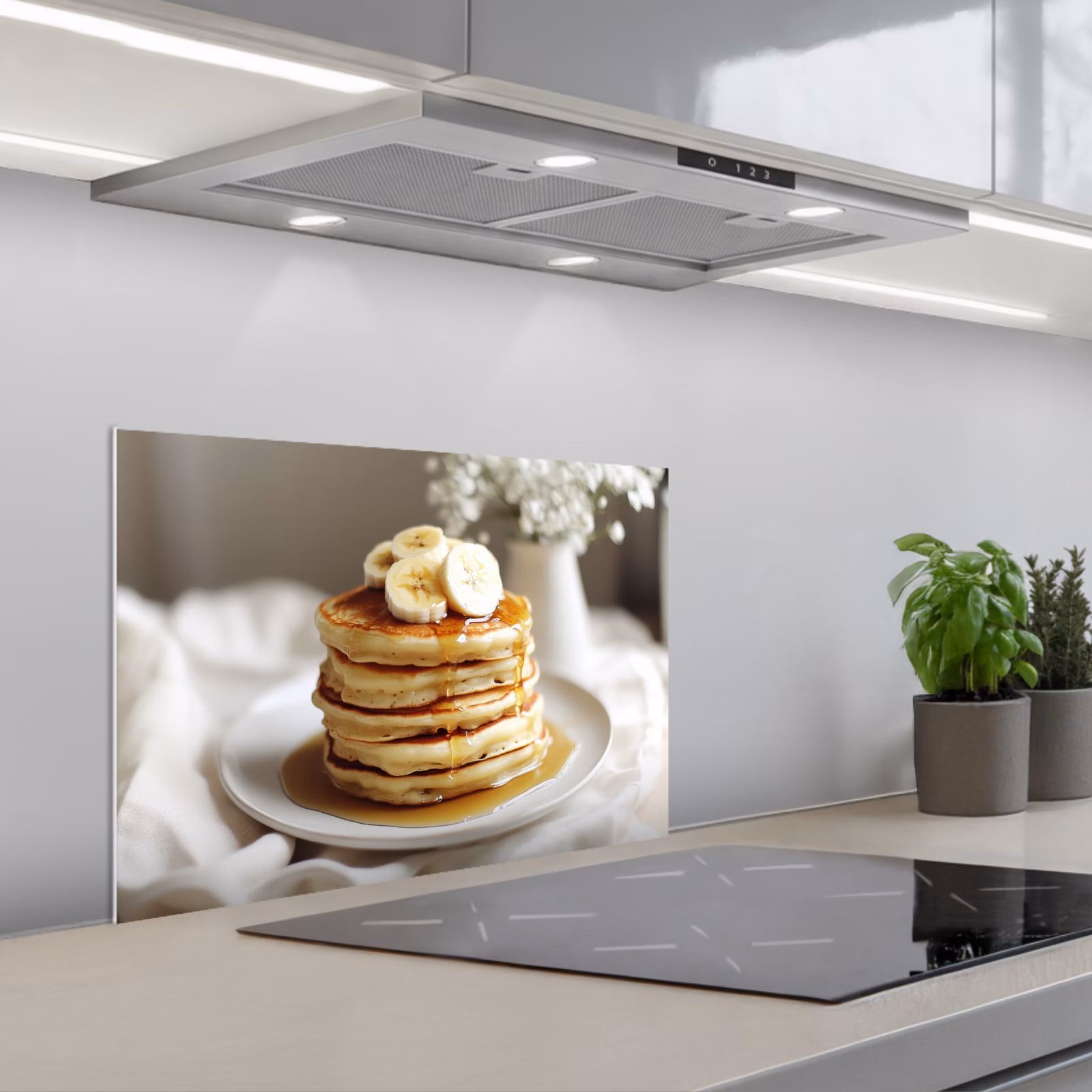 Kitchen splashback for hob - Pancakes - Banana - Syrup - White - Beige — 1