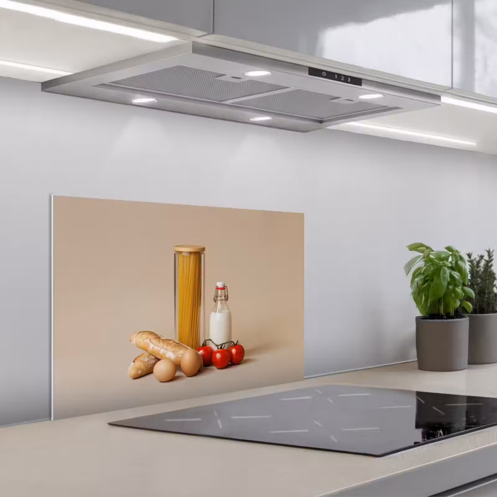 Kitchen splashback for hob - Spaghetti - Milk - Tomatoes - Eggs - Bread — 1