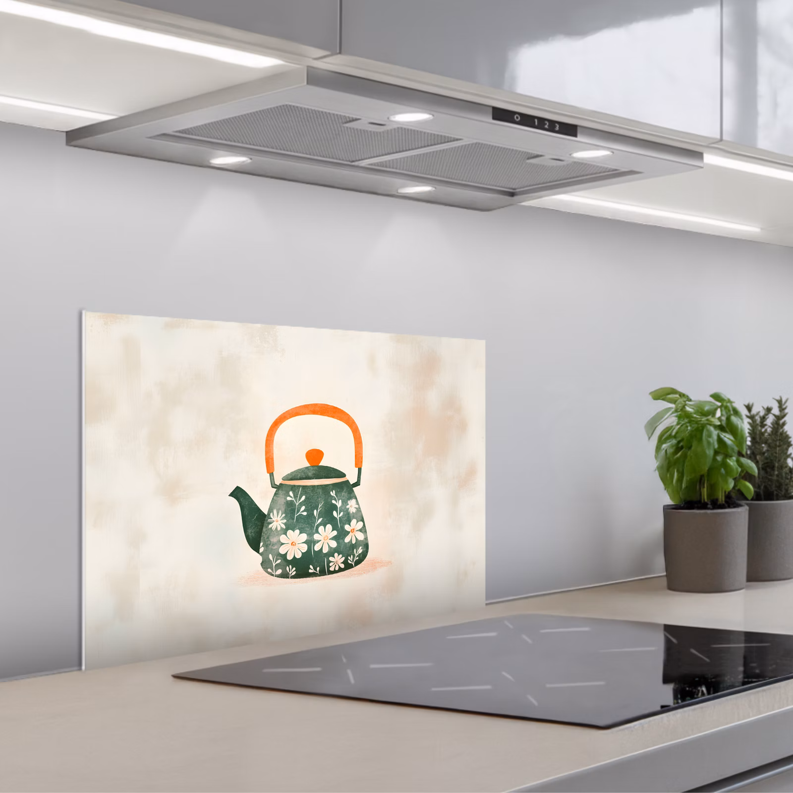 Kitchen splashback for hob - Teapot - Green - Flowers - Orange — 1