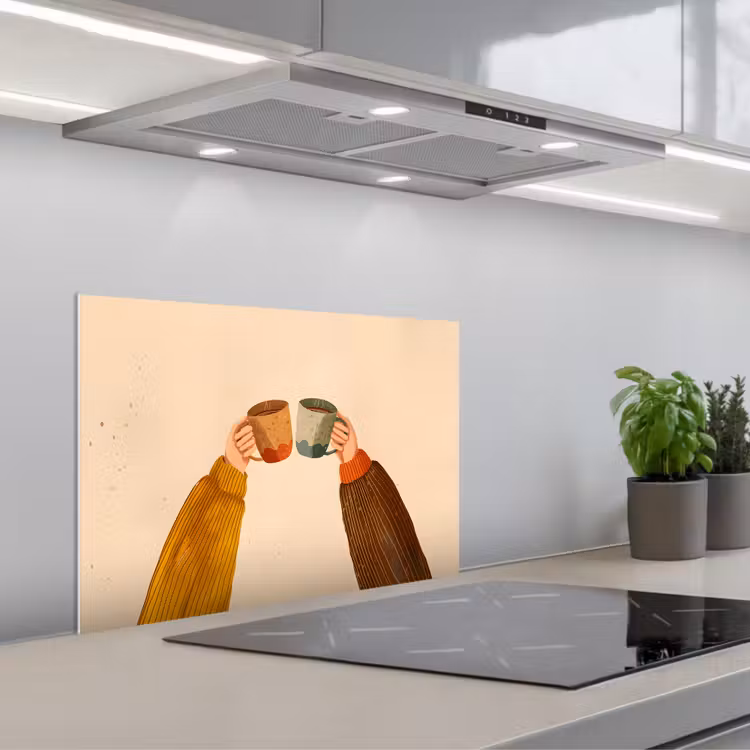 Kitchen splashback for hob - Illustration - Mugs - Cheers - Brown — 1