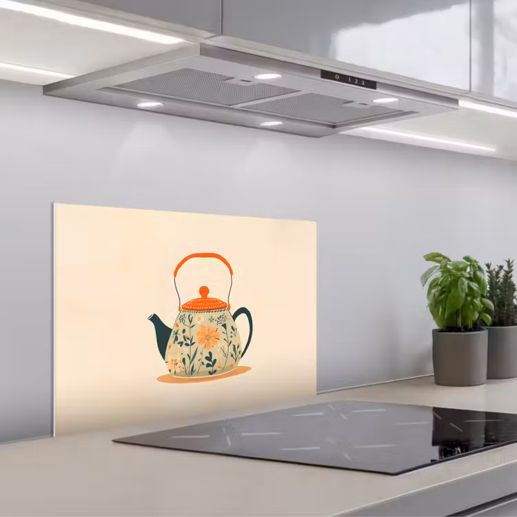 Kitchen splashback for hob - Orange - Teapot - Flowers - Leaves — 1