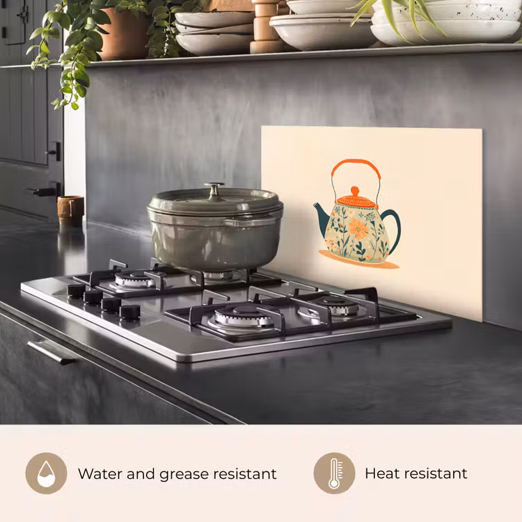 Kitchen splashback for hob - Orange - Teapot - Flowers - Leaves — 2