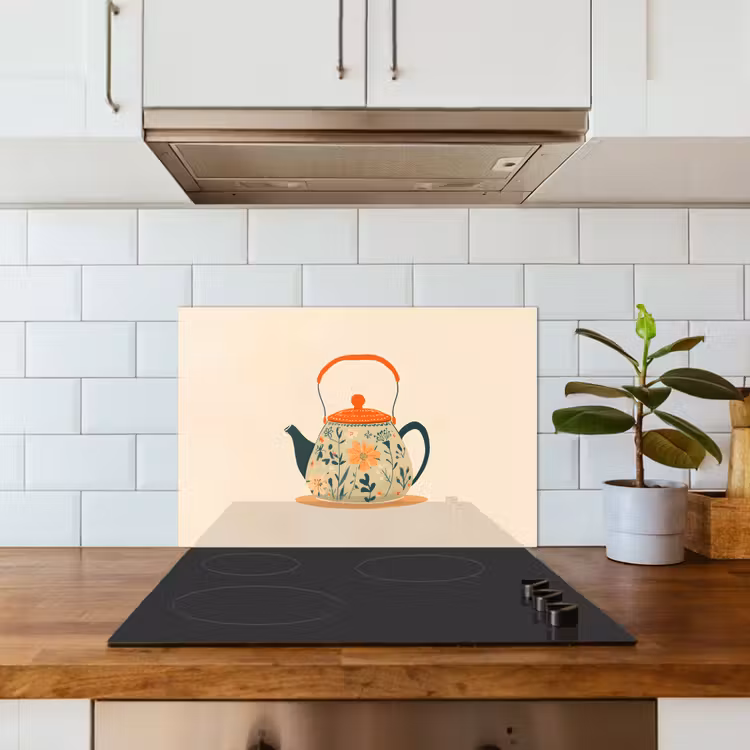 Kitchen splashback for hob - Orange - Teapot - Flowers - Leaves — 3