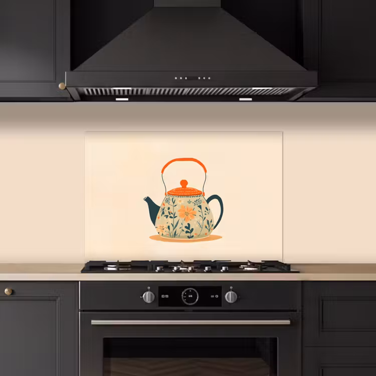 Kitchen splashback for hob - Orange - Teapot - Flowers - Leaves — 5