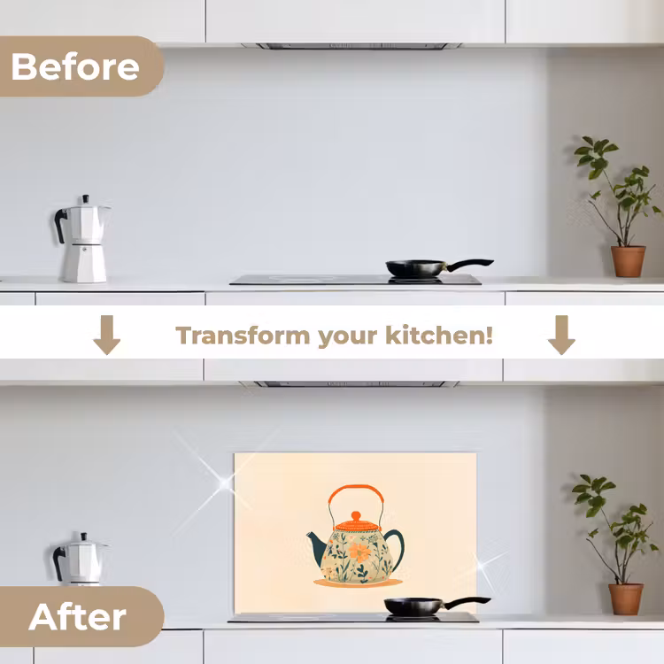 Kitchen splashback for hob - Orange - Teapot - Flowers - Leaves — 7