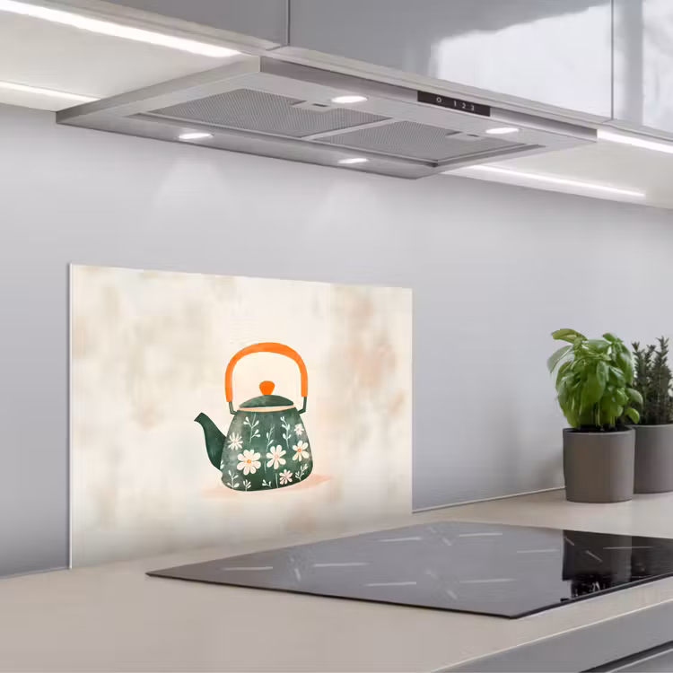 Kitchen splashback for hob - Teapot - Green - Flowers - Orange — 1