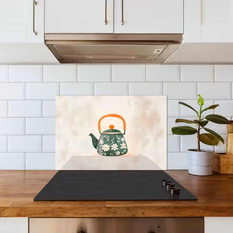 Kitchen splashback for hob - Teapot - Green - Flowers - Orange — 3