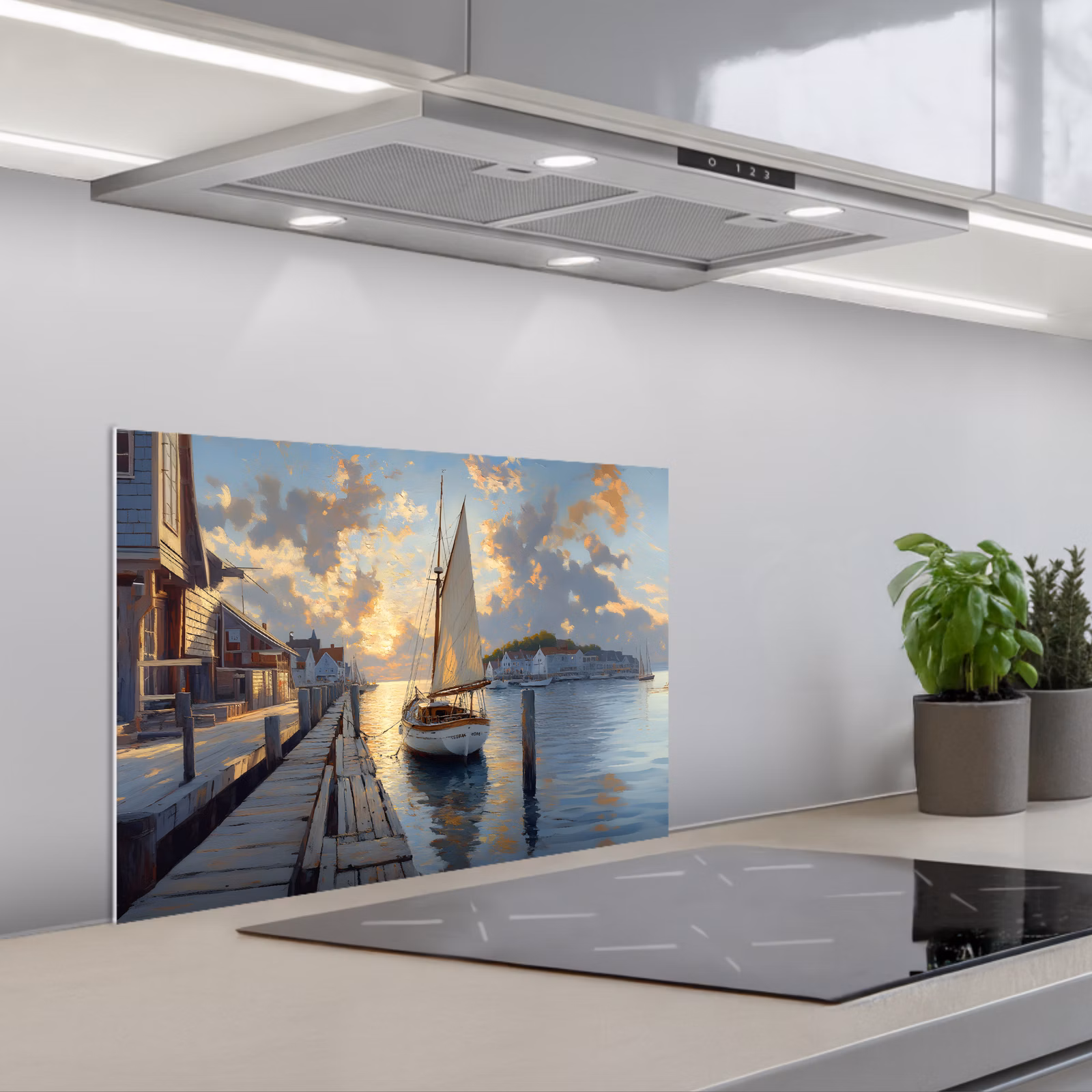 Kitchen splashback for hob - Sailboat - Sun - Pier - Wood — 1