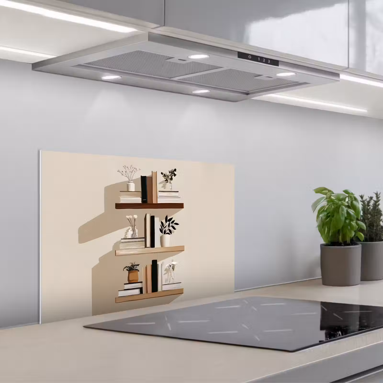 Kitchen splashback for hob - Shelves - Books - Vases - Plants — 1