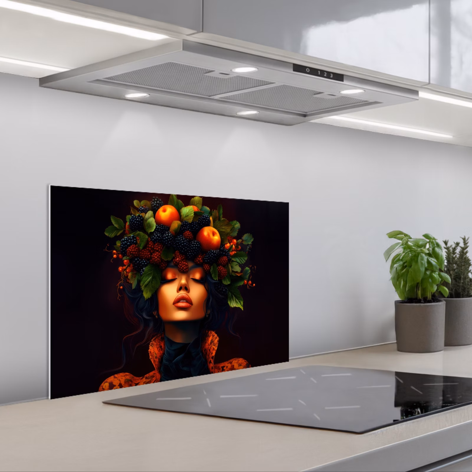 Kitchen splashback for hob - Woman - Black - Berries - Blackberries - Apples — 1