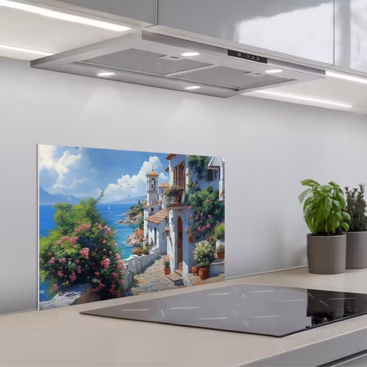 Kitchen splashback for hob - Houses - Sea - Trees - Flowers — 1