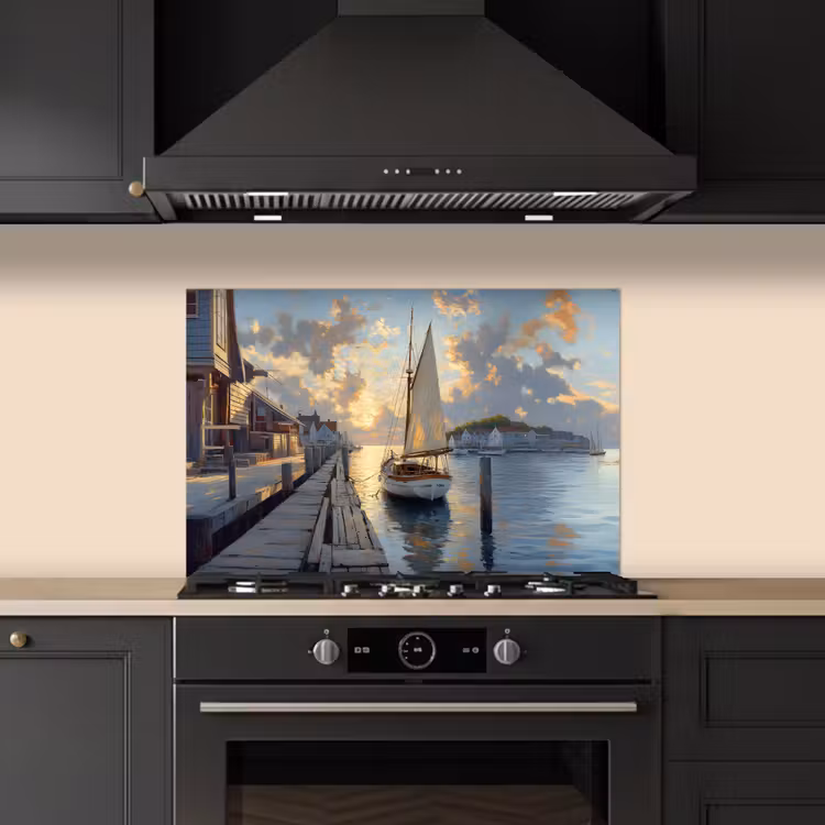 Kitchen splashback for hob - Sailboat - Sun - Pier - Wood — 5