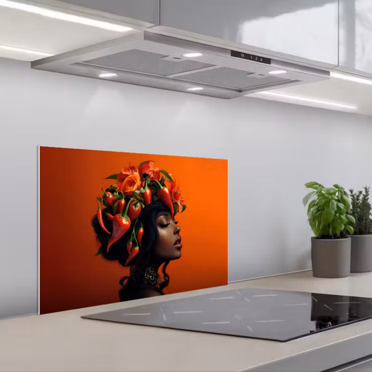 Kitchen splashback for hob - Woman - Chilies - Peppers - Flowers — 1