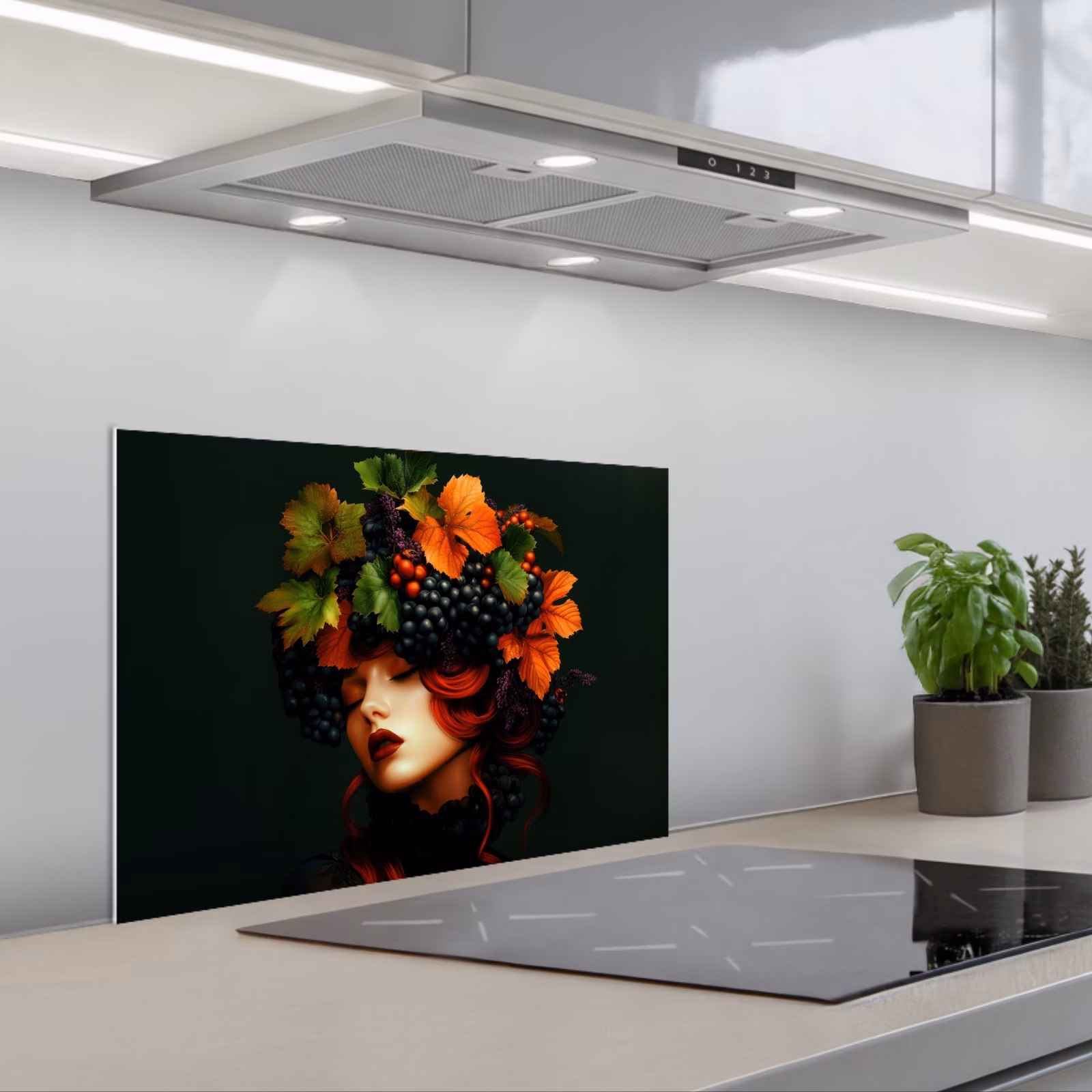 Kitchen splashback for hob - Woman - Red - Green - Grapes — 1