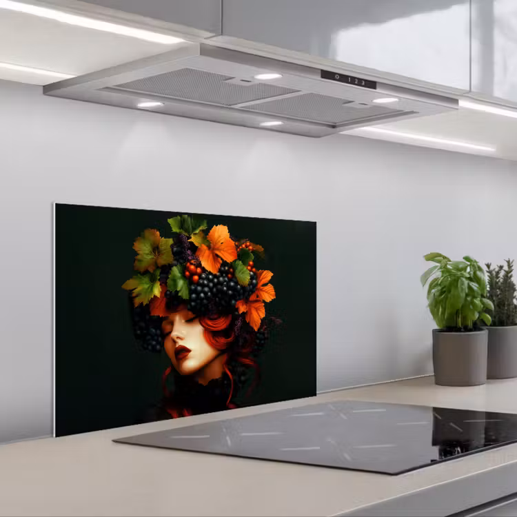 Kitchen splashback for hob - Woman - Red - Green - Grapes — 1