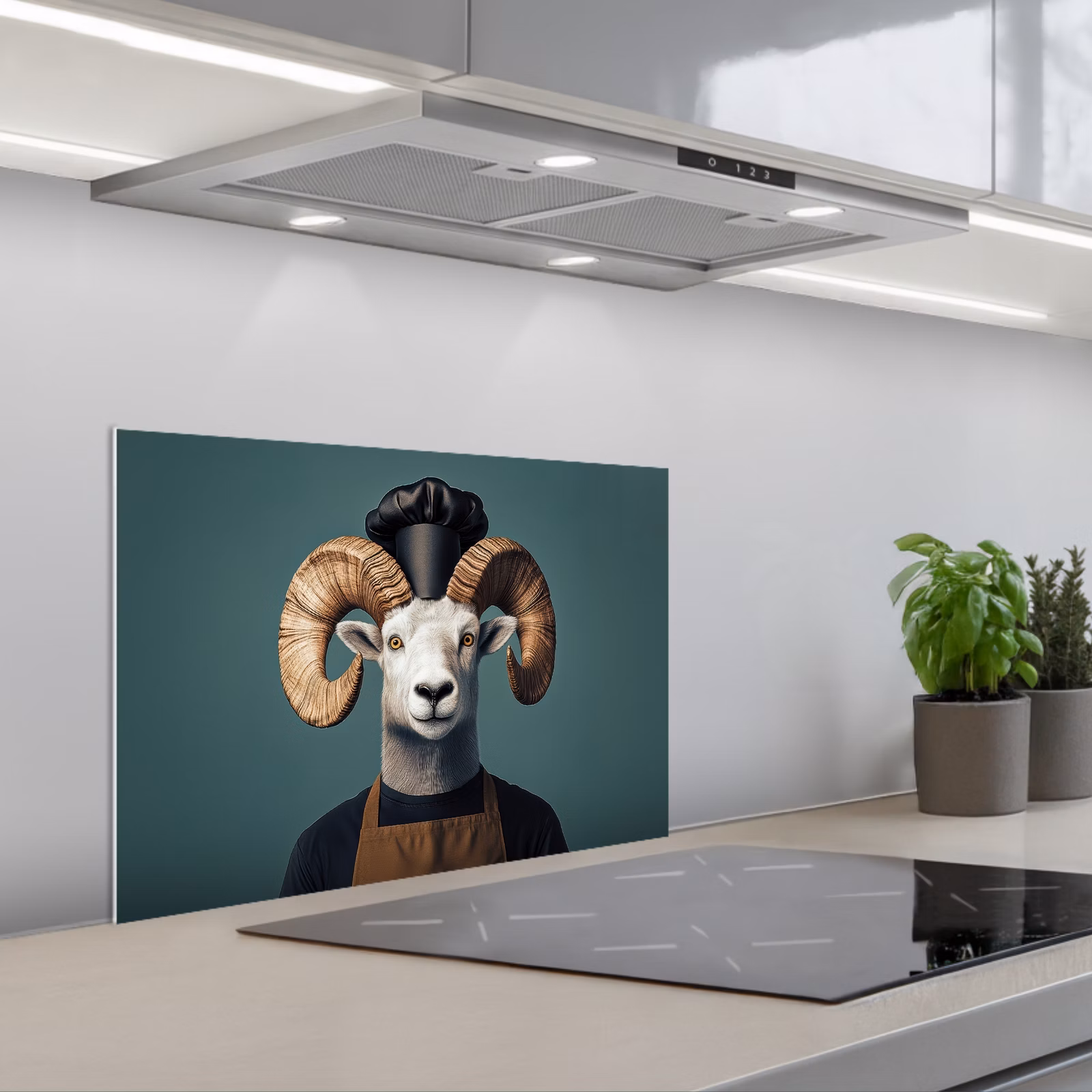 Kitchen splashback for hob - Goat - Horns - Chef's clothing — 1