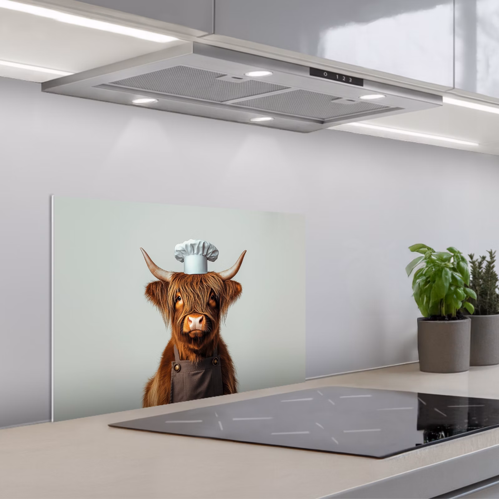 Kitchen splashback for hob - Scottish Highlander - Brown - Horns - Chef's clothing — 1