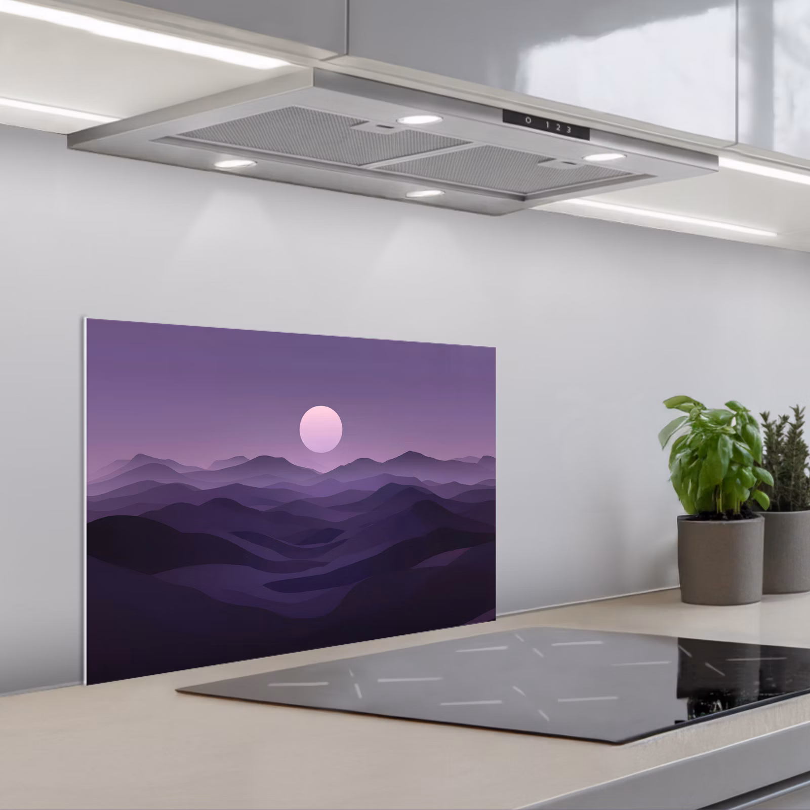 Kitchen splashback for hob - Hills - Purple - Fog - Sun — 1